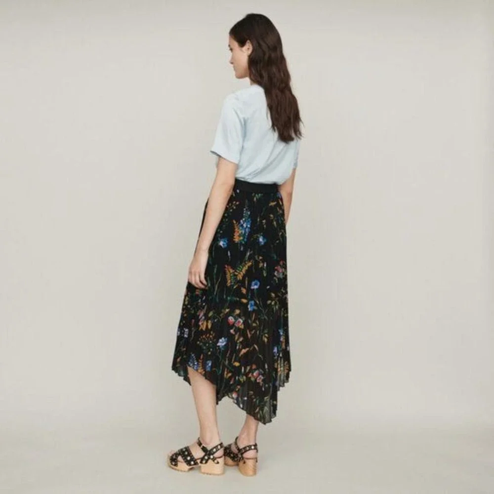 Maje Jeudi Plisse Pleated Floral Print‎ Maxi Skirt Size 1 Small